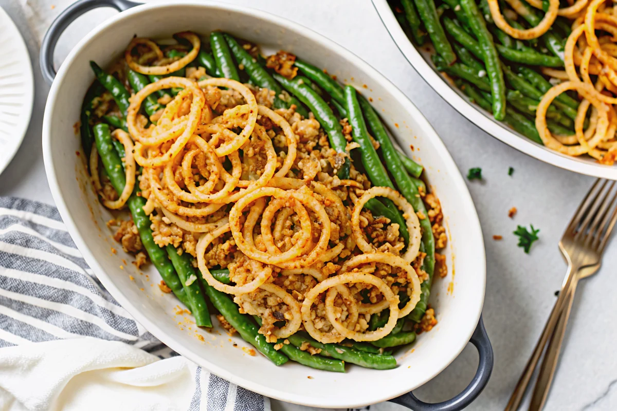 Golden brown thanksgiving green beans casserole with crispy fried onions and melted cheese in white baking dish