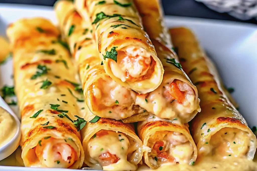 Golden crispy cheesy shrimp taquitos arranged on white plate with creamy dipping sauce garnished with cilantro and lime wedges