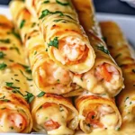 Golden crispy cheesy shrimp taquitos arranged on white plate with creamy dipping sauce garnished with cilantro and lime wedges