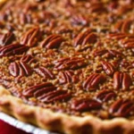 Golden brown pecan pie with perfectly arranged pecan halves on top, showcasing the classic Southern dessert recipe with gooey filling and flaky crust
