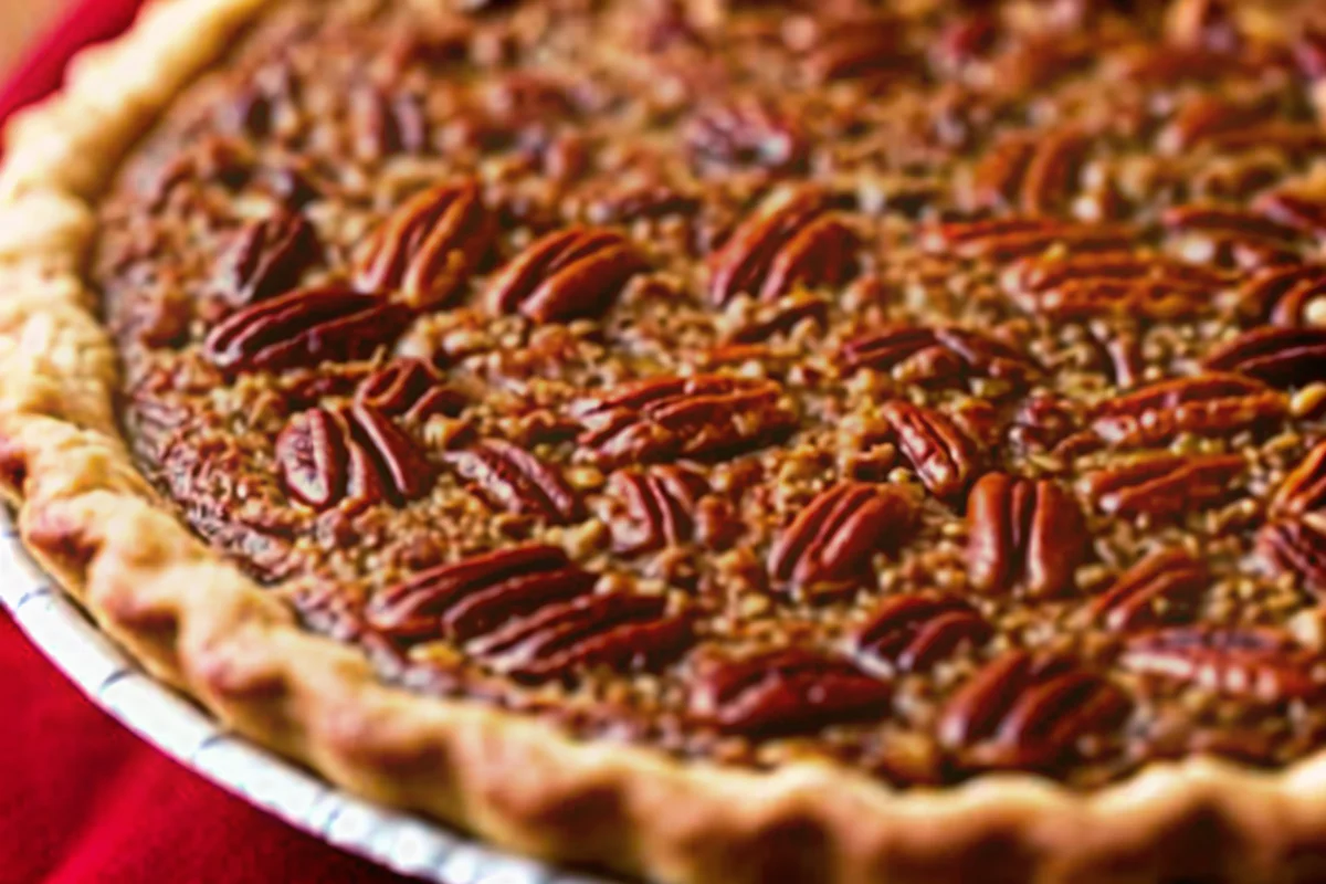 Golden brown pecan pie with perfectly arranged pecan halves on top, showcasing the classic Southern dessert recipe with gooey filling and flaky crust