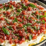 Creamy bruschetta dip with fresh tomatoes, basil, and cheese served with toasted bread slices on rustic wooden board