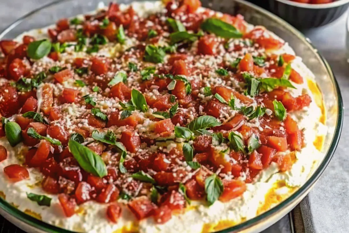Creamy bruschetta dip with fresh tomatoes, basil, and cheese served with toasted bread slices on rustic wooden board