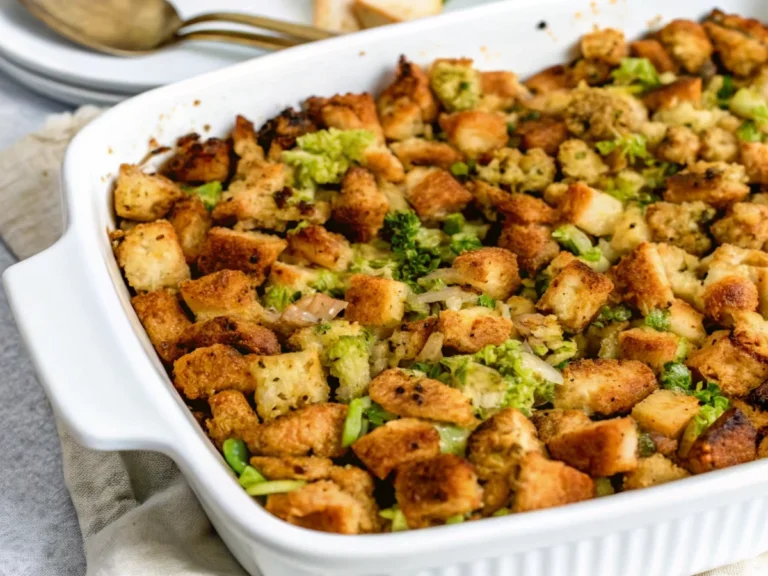 Golden brown homemade stuffing recipe in baking dish with fresh herbs and butter, perfect for Thanksgiving dinner