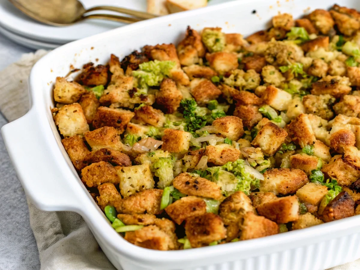 Golden brown homemade stuffing recipe in baking dish with fresh herbs and butter, perfect for Thanksgiving dinner