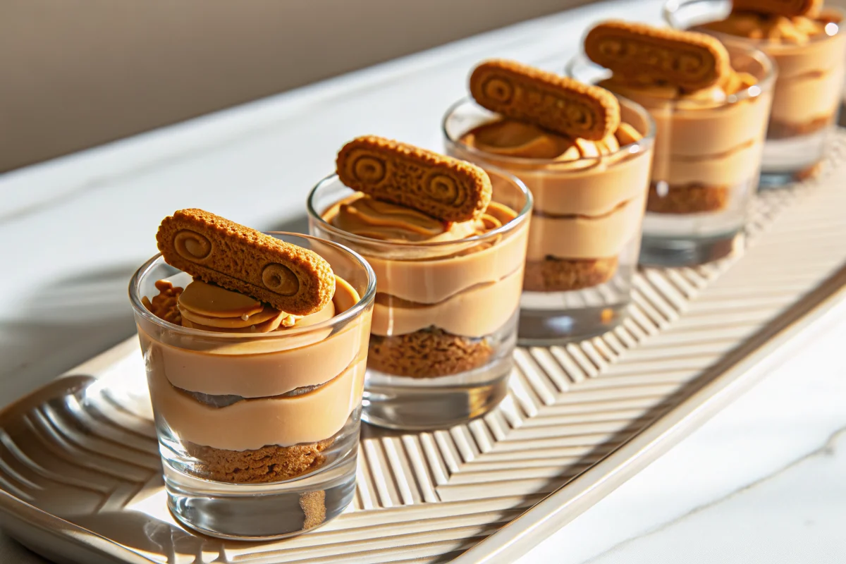 No-bake Biscoff cheesecake cups with cookie crust and Biscoff spread drizzle, perfect individual biscoff desserts
