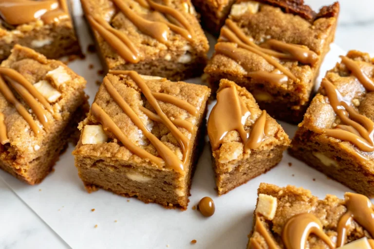 Fudgy Biscoff blondies with white chocolate chips cut into squares on parchment paper showing golden brown edges and soft centers