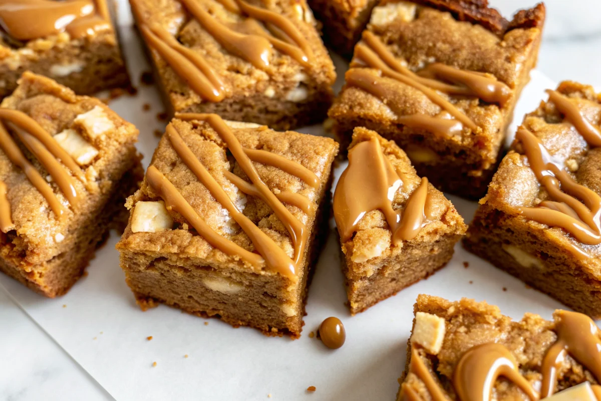 Fudgy Biscoff blondies with white chocolate chips cut into squares on parchment paper showing golden brown edges and soft centers