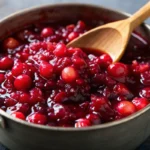 Fresh homemade cranberry sauce with orange juice in glass bowl, featuring ruby red cranberries and citrus garnish for holiday meals