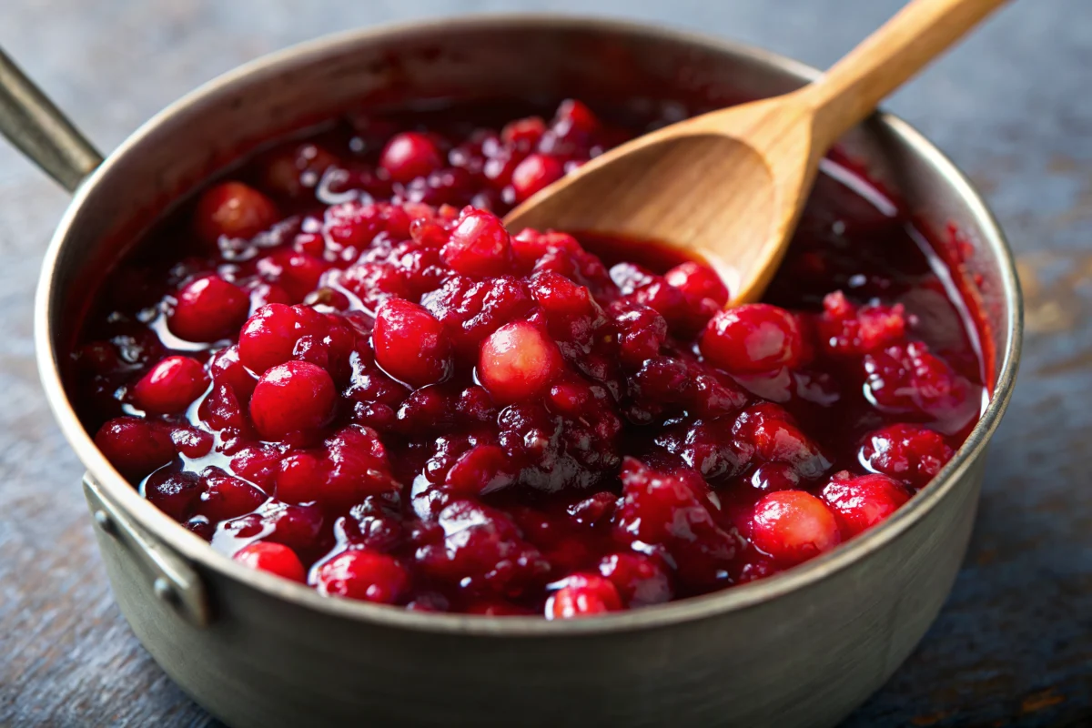 Fresh homemade cranberry sauce with orange juice in glass bowl, featuring ruby red cranberries and citrus garnish for holiday meals