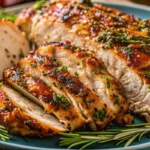 Perfectly golden roasted turkey breast with herb butter on white platter with fresh rosemary garnish
