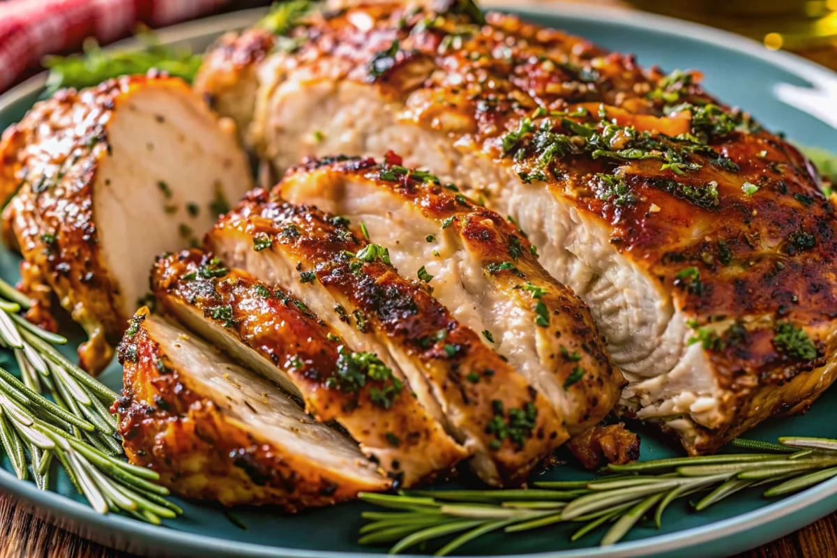 Perfectly golden roasted turkey breast with herb butter on white platter with fresh rosemary garnish