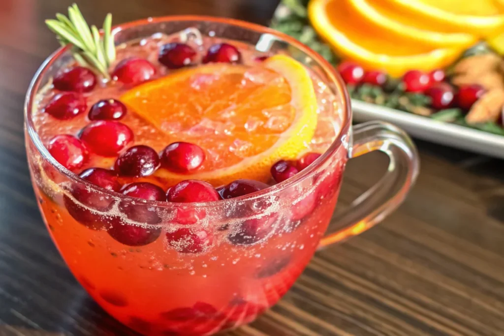 Festive holiday punch in elegant glass bowl with cranberry and orange slice garnish, perfect Christmas party beverage