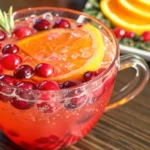 Festive holiday punch in elegant glass bowl with cranberry and orange slice garnish, perfect Christmas party beverage
