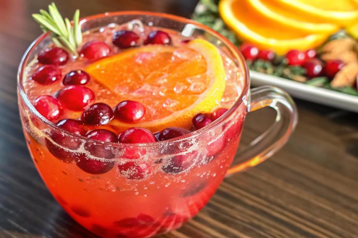 Festive holiday punch in elegant glass bowl with cranberry and orange slice garnish, perfect Christmas party beverage