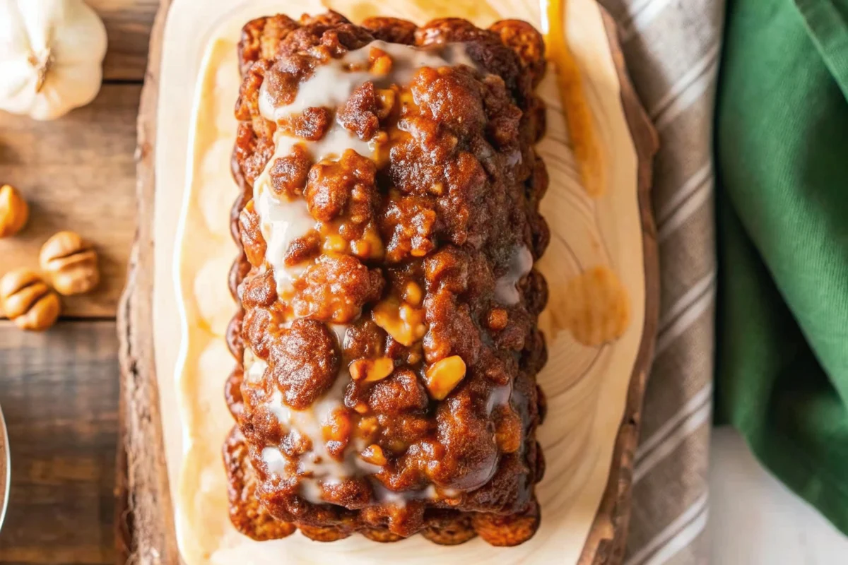 Sliced Amish Apple Fritter bread with glaze drizzle showing moist crumb texture and apple pieces