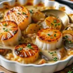 Golden-brown scallop cassolettes in white ramekins with creamy mushroom sauce and fresh parsley garnish