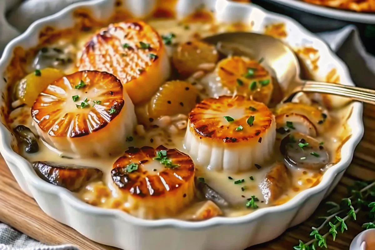 Golden-brown scallop cassolettes in white ramekins with creamy mushroom sauce and fresh parsley garnish