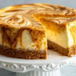 Slice of creamy pumpkin cheesecake with beautiful orange swirl pattern on graham cracker crust, garnished with whipped cream and pecans on white plate