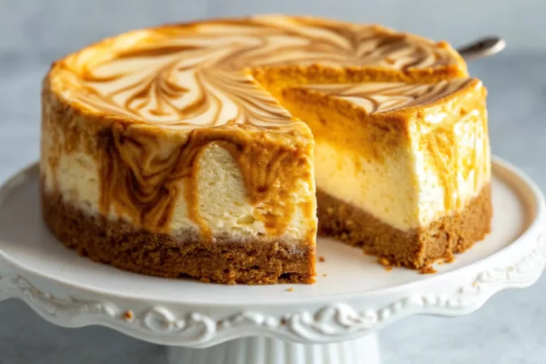 Slice of creamy pumpkin cheesecake with beautiful orange swirl pattern on graham cracker crust, garnished with whipped cream and pecans on white plate