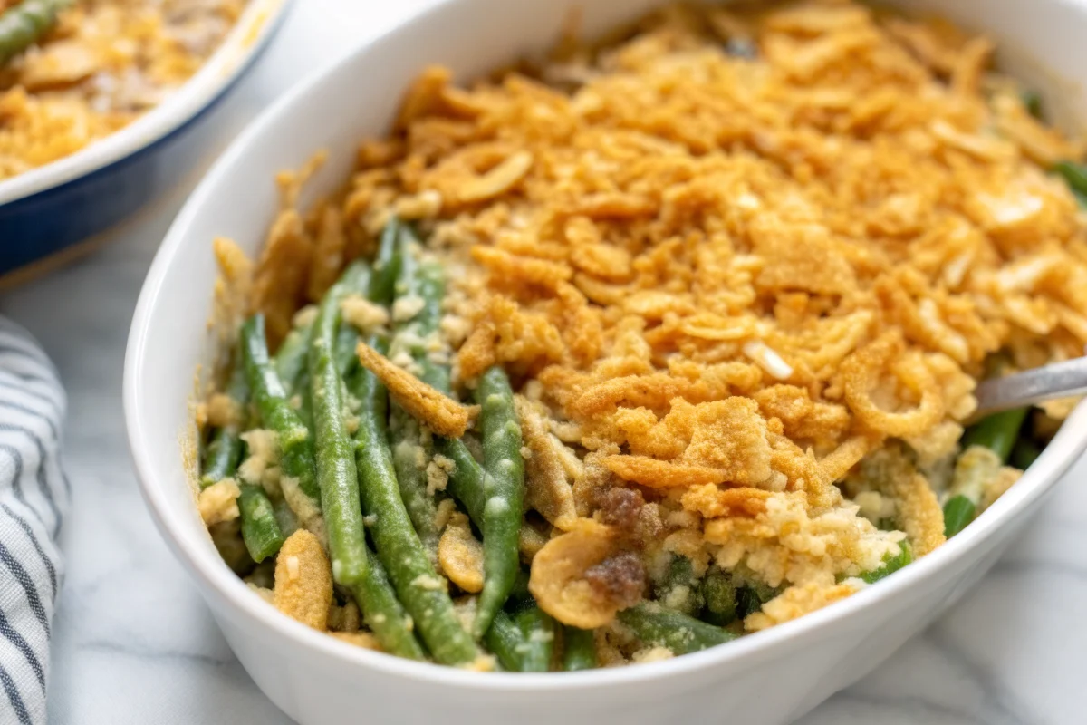 Golden gluten free green bean casserole with crispy fried onions and breadcrumb topping in white baking dish