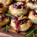 Golden brown puff pastry cranberry brie bites topped with melted cheese, cranberry sauce, chopped pecans and fresh rosemary garnish arranged on white serving plate