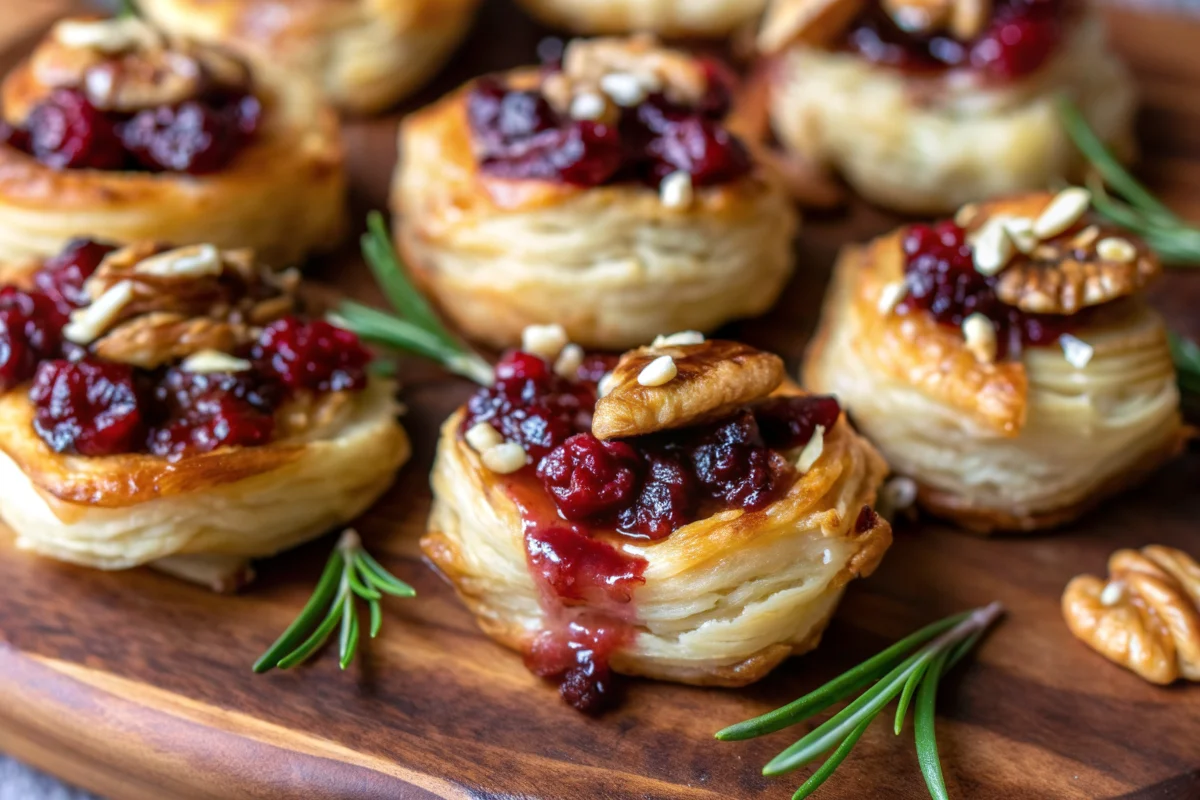 Golden brown puff pastry cranberry brie bites topped with melted cheese, cranberry sauce, chopped pecans and fresh rosemary garnish arranged on white serving plate