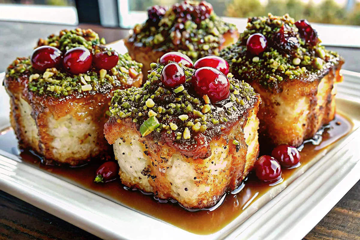Golden-brown pistachio-crusted brie appetizer bites arranged on elegant serving platter with cranberry garnish