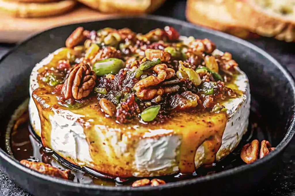 Golden baked brie appetizer topped with fig jam, chopped pecans, and fresh rosemary herbs in cast iron skillet