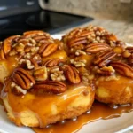 Golden brown pecan sticky buns fresh from oven with gooey caramel coating and chopped pecans on top