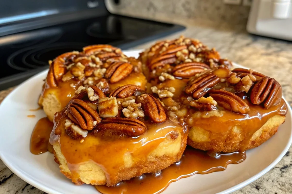 Golden brown pecan sticky buns fresh from oven with gooey caramel coating and chopped pecans on top