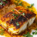 Baked blackened cod fillet with golden-brown cajun spice crust on white plate with lemon wedges, showing flaky texture of perfectly cooked oven-baked fish