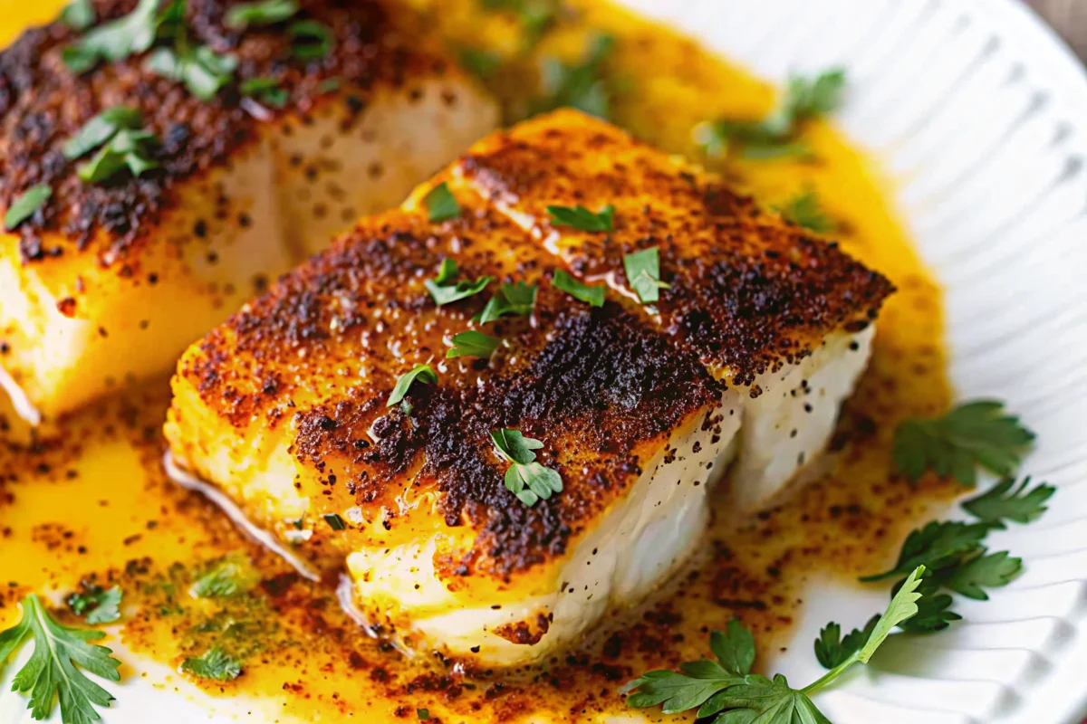 Baked blackened cod fillet with golden-brown cajun spice crust on white plate with lemon wedges, showing flaky texture of perfectly cooked oven-baked fish