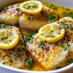 Golden baked cod fillets with lemon slices and garlic in a baking dish, garnished with fresh parsley, showing the perfect flaky texture of this lemon-garlic baked cod recipe