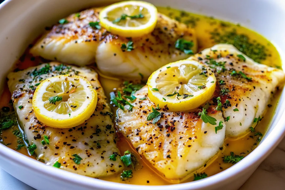 Golden baked cod fillets with lemon slices and garlic in a baking dish, garnished with fresh parsley, showing the perfect flaky texture of this lemon-garlic baked cod recipe