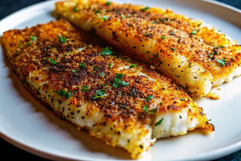 Golden-brown seasoned tilapia fillets cooking in an air fryer basket, showcasing the crispy exterior and flaky texture of this quick 15-minute tilapia recipe