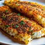 Golden-brown seasoned tilapia fillets cooking in an air fryer basket, showcasing the crispy exterior and flaky texture of this quick 15-minute tilapia recipe
