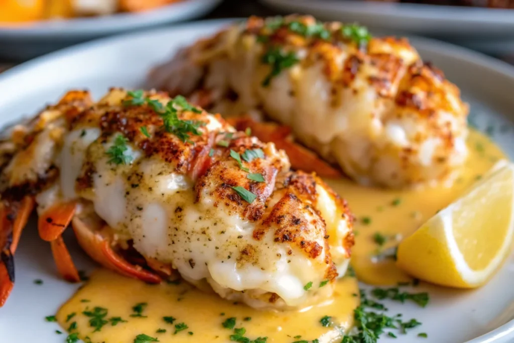Perfectly broiled lobster tails with golden garlic butter hollandaise sauce garnished with fresh parsley on elegant white plate