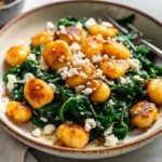 Golden crispy gnocchi with wilted spinach and crumbled feta cheese in a large skillet, ready to serve as a quick weeknight dinner