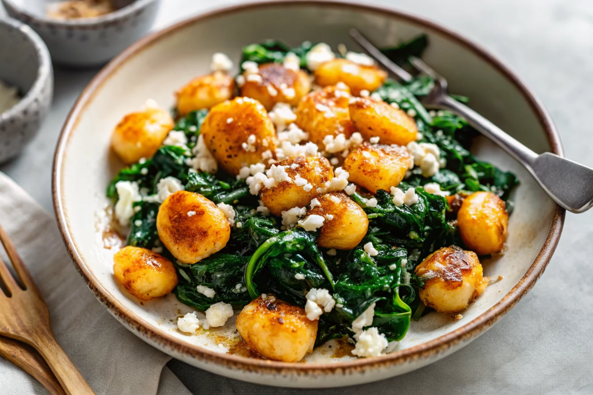 Golden crispy gnocchi with wilted spinach and crumbled feta cheese in a large skillet, ready to serve as a quick weeknight dinner