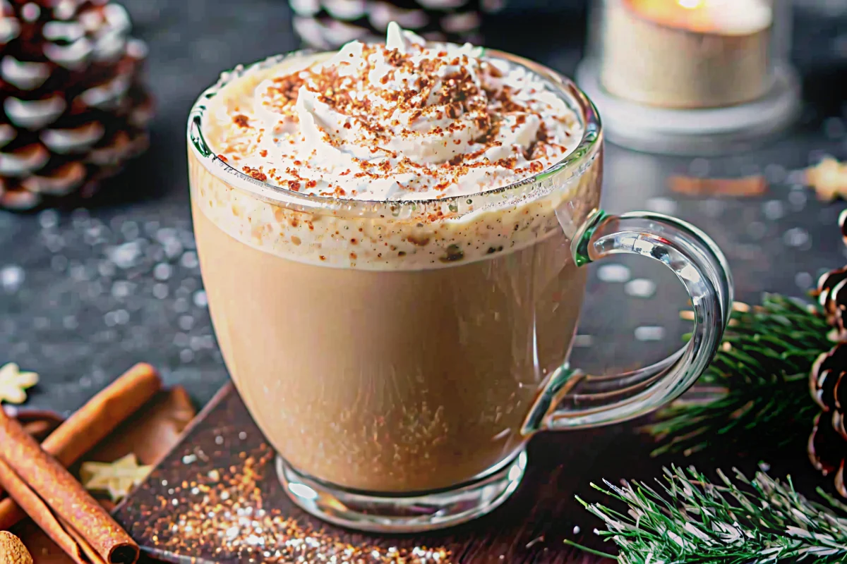 Christmas fireside coffee with whipped cream and cinnamon garnish served in rustic ceramic mug