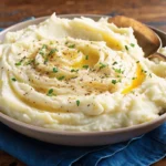 Creamy homemade mashed potatoes recipe in white bowl with butter pat and fresh chives garnish