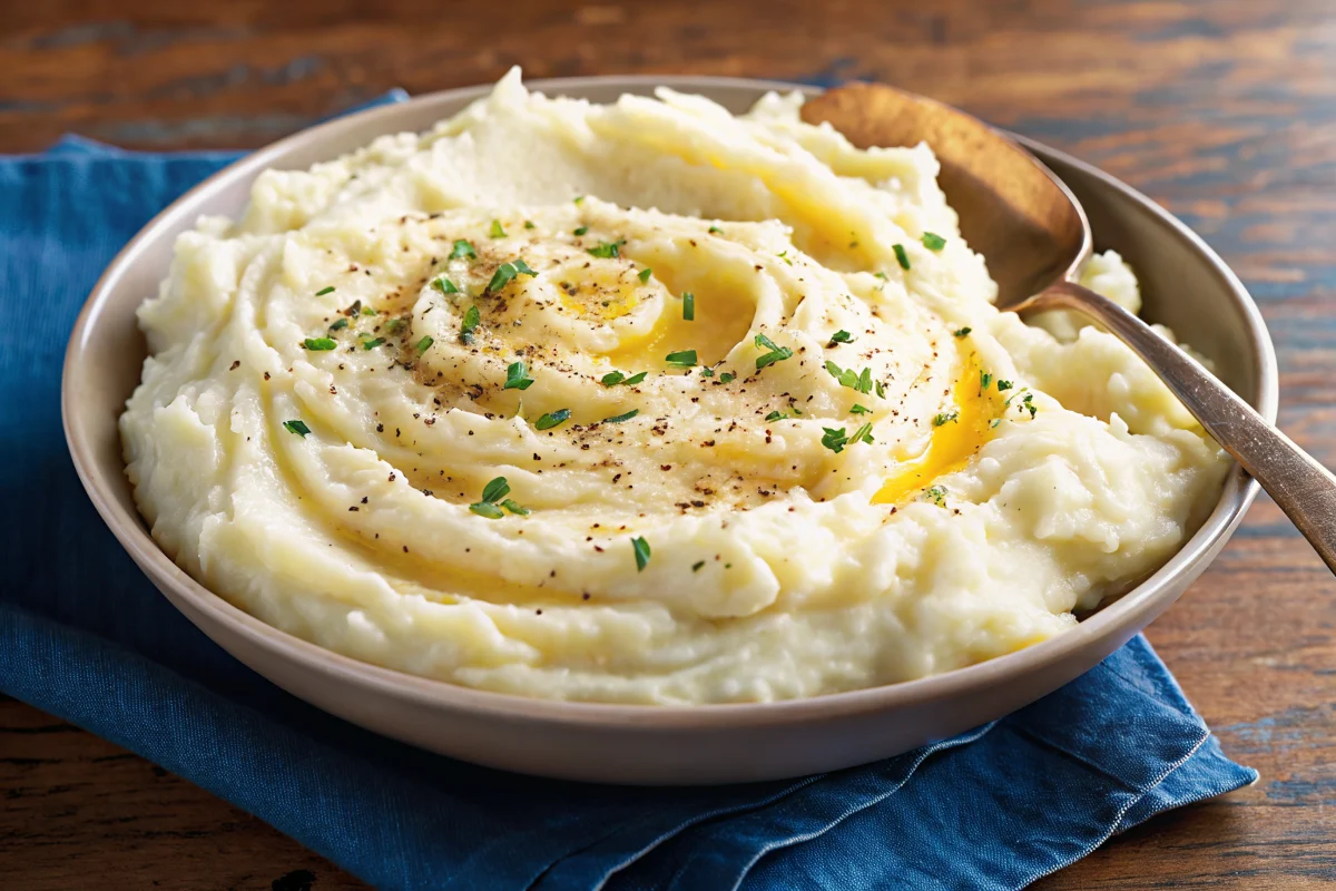 Creamy homemade mashed potatoes recipe in white bowl with butter pat and fresh chives garnish
