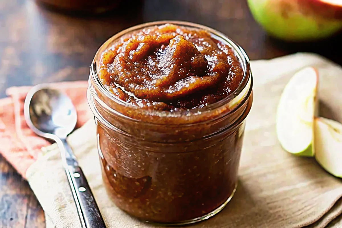 Homemade apple butter in glass jar with fresh apples and cinnamon sticks on rustic wooden background, perfect for fall breakfast spreads