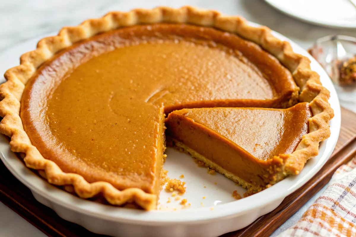 Homemade pumpkin pie with golden custard filling and flaky crust, garnished with whipped cream and cinnamon, perfect fall dessert recipe