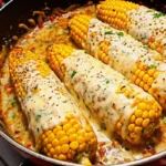 Grilled corn on the cob coated with creamy Cajun sauce, topped with crumbled cheese, fresh cilantro, and lime juice on a wooden serving board
