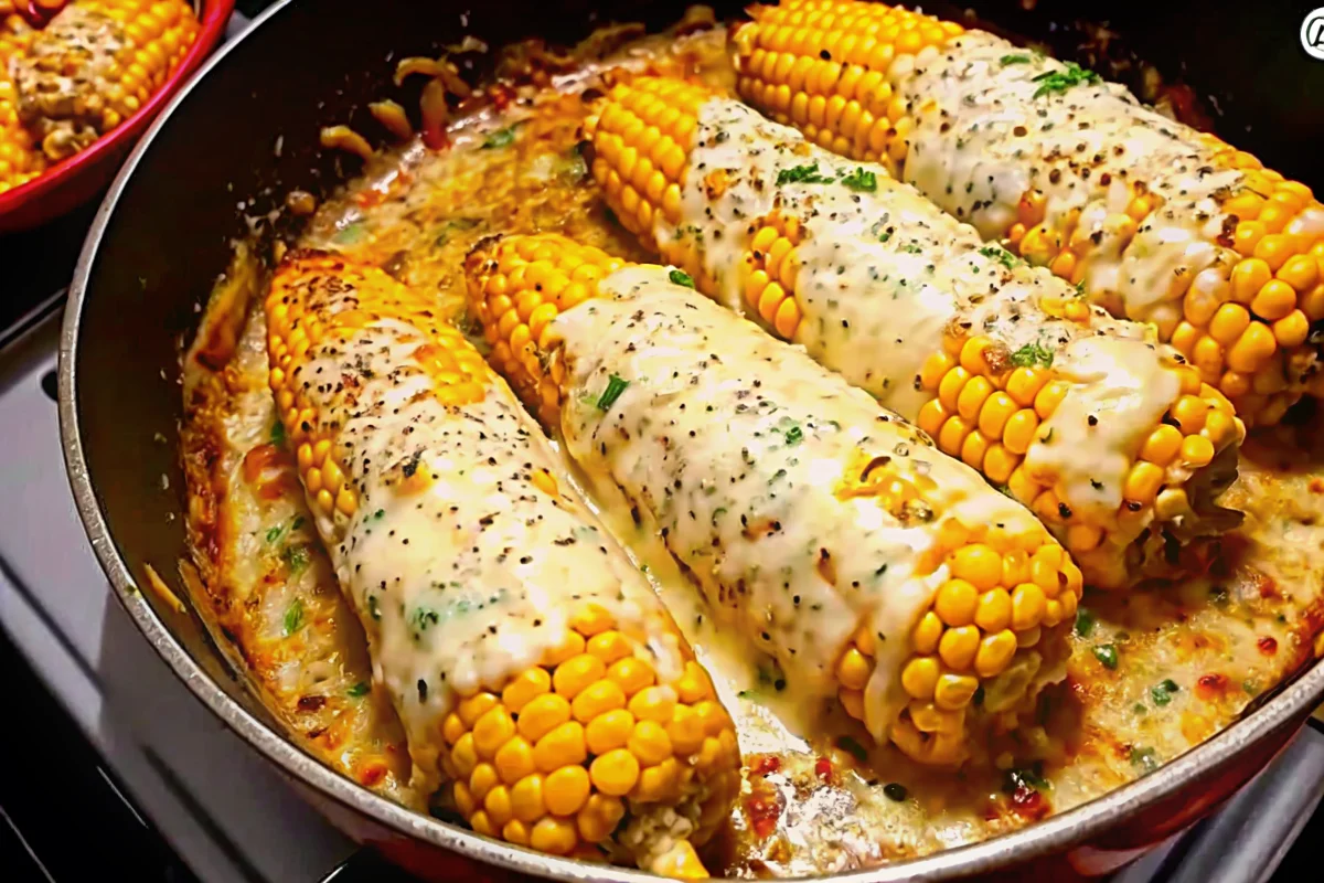 Grilled corn on the cob coated with creamy Cajun sauce, topped with crumbled cheese, fresh cilantro, and lime juice on a wooden serving board