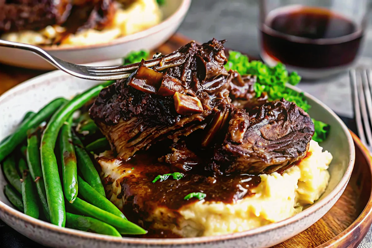 Fork-tender braised beef short ribs recipe with rich brown sauce, garnished with fresh herbs, served in rustic Dutch oven