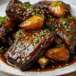 Tender boneless beef ribs recipe braised in red wine and herbs served on a white plate with mashed potatoes and gravy