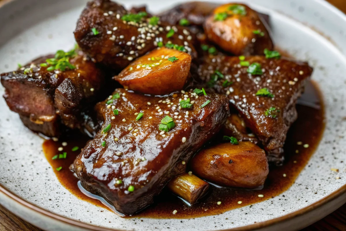 Tender boneless beef ribs recipe braised in red wine and herbs served on a white plate with mashed potatoes and gravy